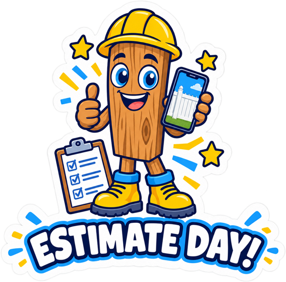 Estimate Day! sticker: the fence-post mascot in a hard hat holding a phone and a clipboard
