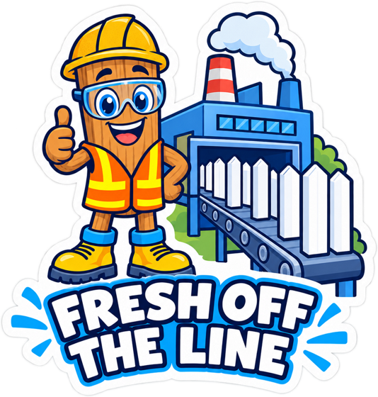 Fresh Off the Line sticker: the fence-post mascot in a safety vest by a fence factory