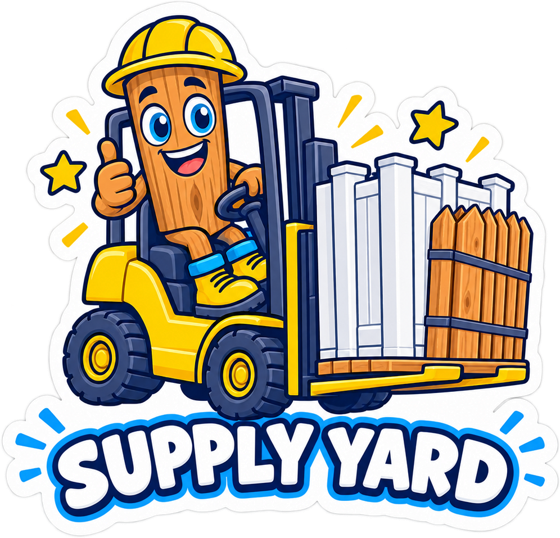 Supply Yard sticker: the fence-post mascot driving a forklift full of fence panels