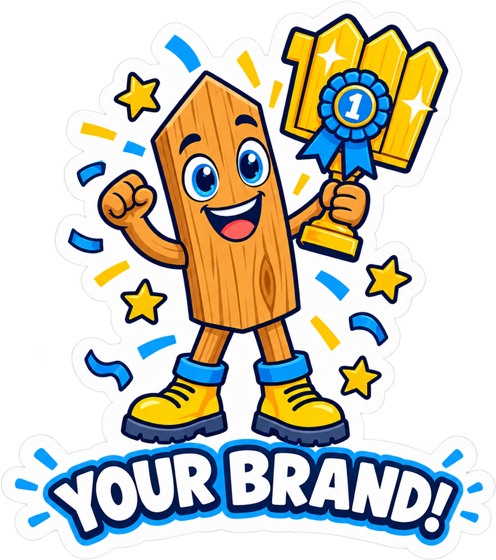 Your Brand! sticker: the mascot holding a gold fence trophy