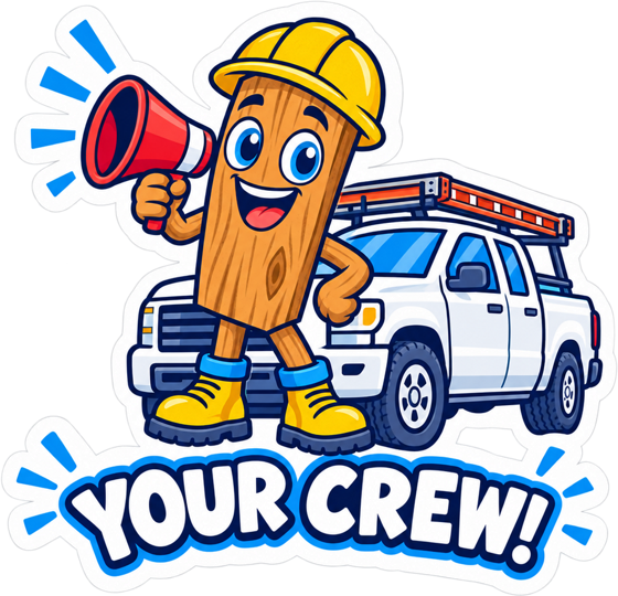 Your Crew! sticker: the mascot in a hard hat with a megaphone